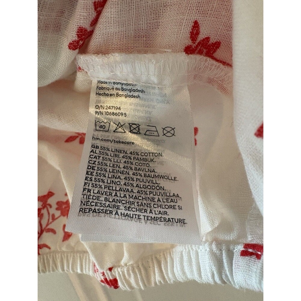 H&M Womens White Linen Blend Blouse Red Floral Puff Sleeve Cropped Peasant Sz S - Picture 7 of 8